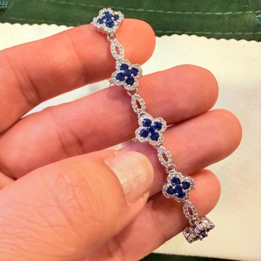 Women's Blue Sapphire Flower Link Bracelet - Sterling Silver - Picture 2 of 6